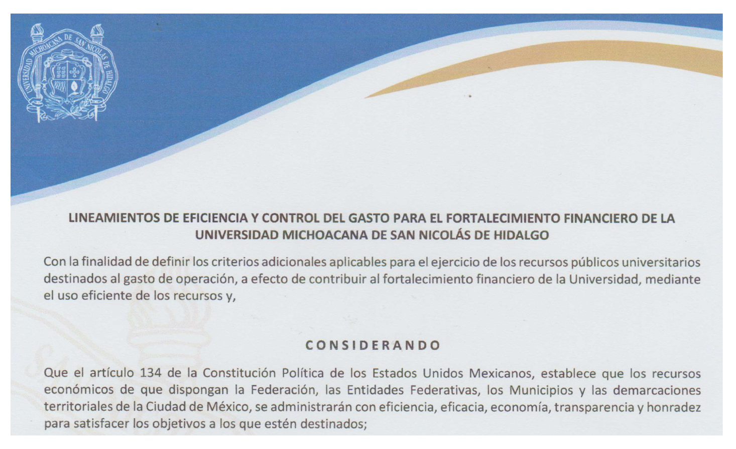 Lineamientos de Eficiencia y Control del Gasto para el Fortalecimiento Financiero de la Universidad Michoacana de San Nicolás de Hidalgo