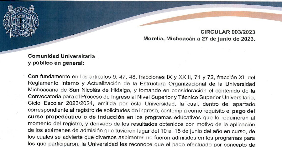 Circular 003/2023 Aviso de devolución de pagos hechos por conceptos de curso propedéutico o inducción a aspirantes no promovidos
