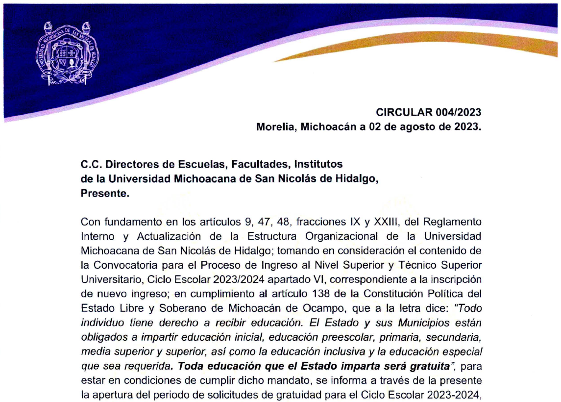 Circular 004/2023 Apertura del periodo de solicitudes de gratuidad para el Ciclo Escolar 2023-2024